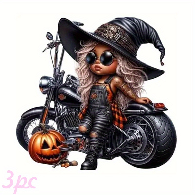 Iron On Patch - 魔女とバイクのハロウィンアイロン接着パッチ – カラフルな洗える熱転写デカール、Tシャツ、ジーンズ、バッグ、帽子用