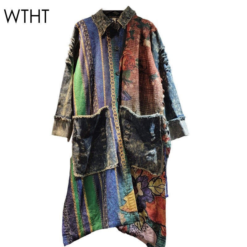 Sewing Jackets - WTHT-女性用ストライプデニムロングコート,シングルブレストジャケット,大きなポケット,ラペル,トレンディなファッション,1ls214,2023,秋