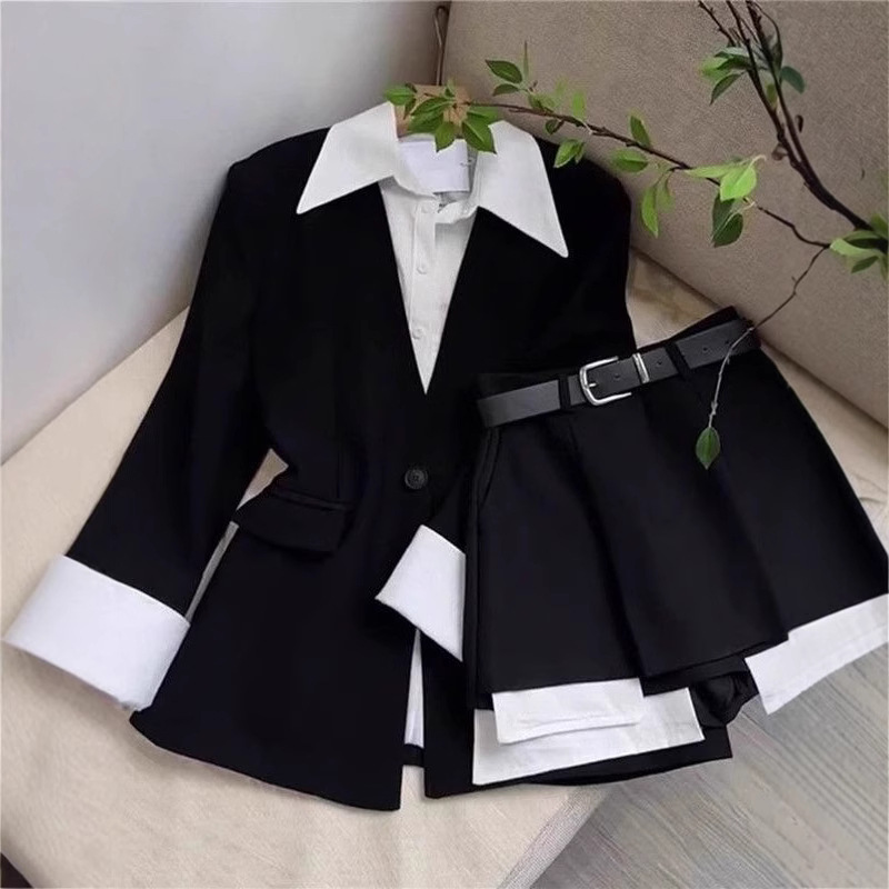 Sewing Jackets - 女性ツーピーススカートセットパッチワークブレザーボタン長袖ジャケットハイウエストミニスカートスーツエレガントなオフィスレディ春