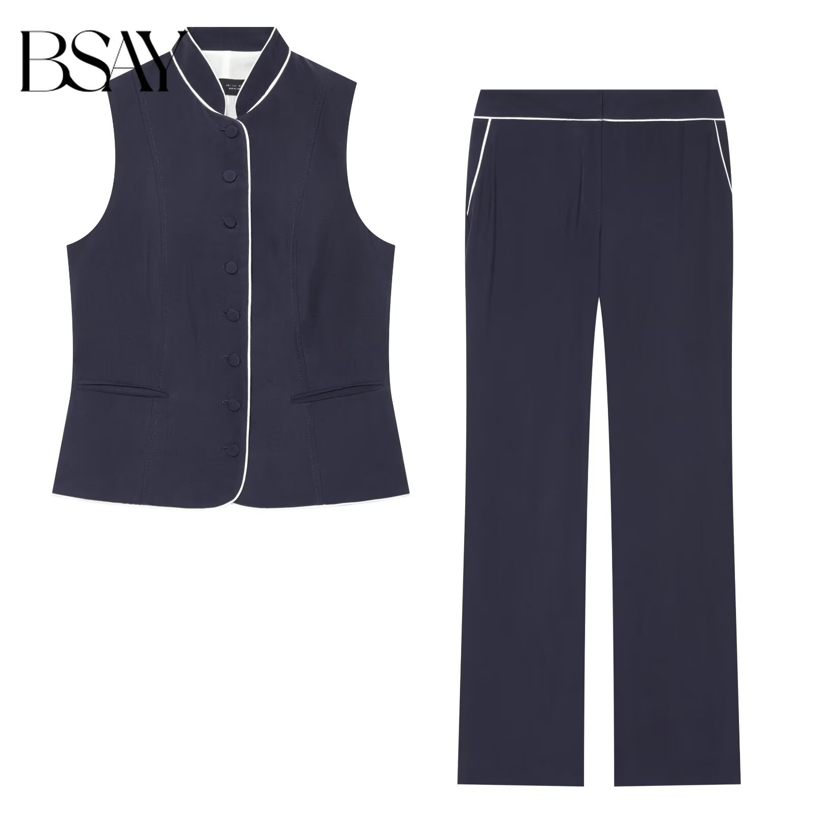 Sewing Vest - BSAY 女性コントラストスタンドカラーノースリーブシングルブレストベストハイウエストストレートパンツオフィス通勤マッチングピースセット