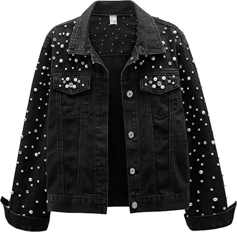 Sewing Jackets - 春と秋の女性向けニューパールデニムジャケット。レディースカジュアルルーズラインストーンパッチワークロングスリーブ襟付きデニムジャケット