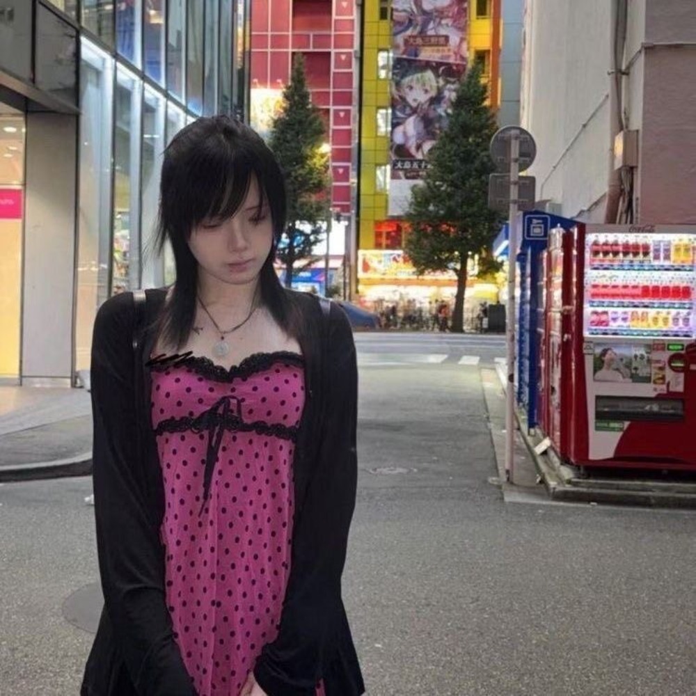 Sewing Vest - 和菓子 2 点セット女性ポルカドットホルターベスト Y2k レースパッチワークトップスシックなカーディガン原宿ファッションヴィンテージ衣装