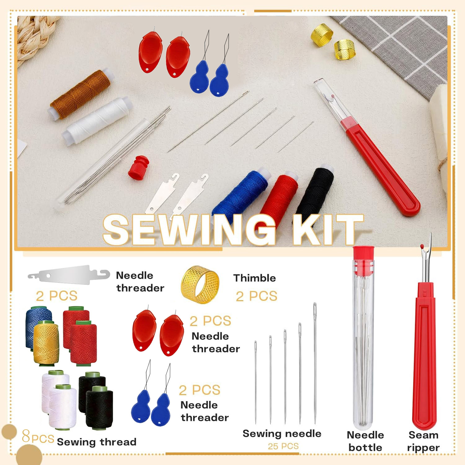 Sewing Garments - 43個入りビッグアイ縫い針キット、家庭必需品、硬鋼縫製アクセサリー、DIYクラフト必需品、家庭用衣類修理用品