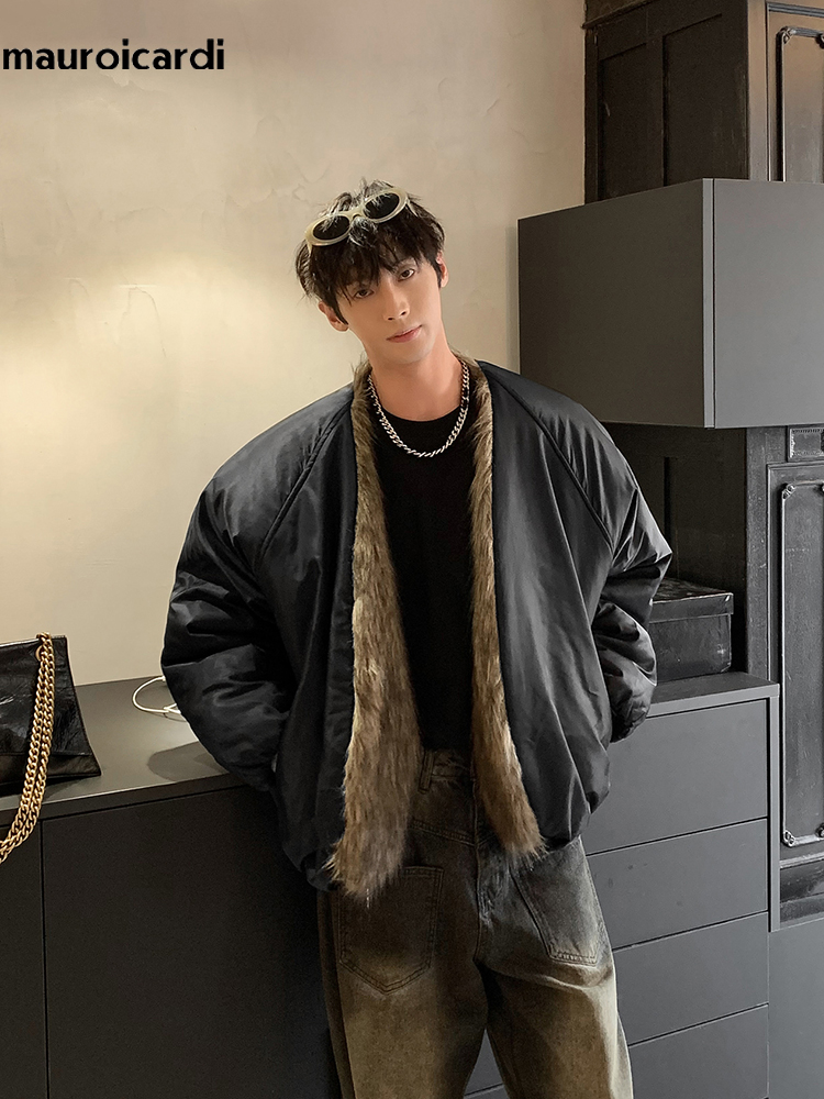 Sewing Jackets - Marouicardi-男性用フェイクファーパーカー、ふわふわジャケット、特大、厚手、暖かい、腰、汚れ、リバーシブル、高品質、クール、冬、2024