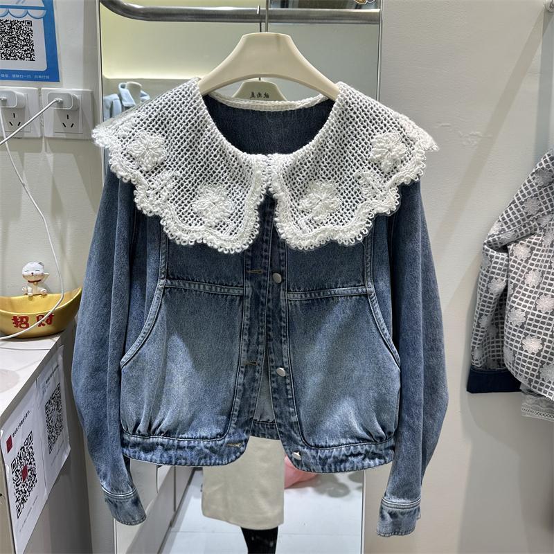 Sewing Jackets - 女性春秋の新韓国スタイルデニムジャケット人形襟レースパッチワークファッショナブルなショートジャケットトップ