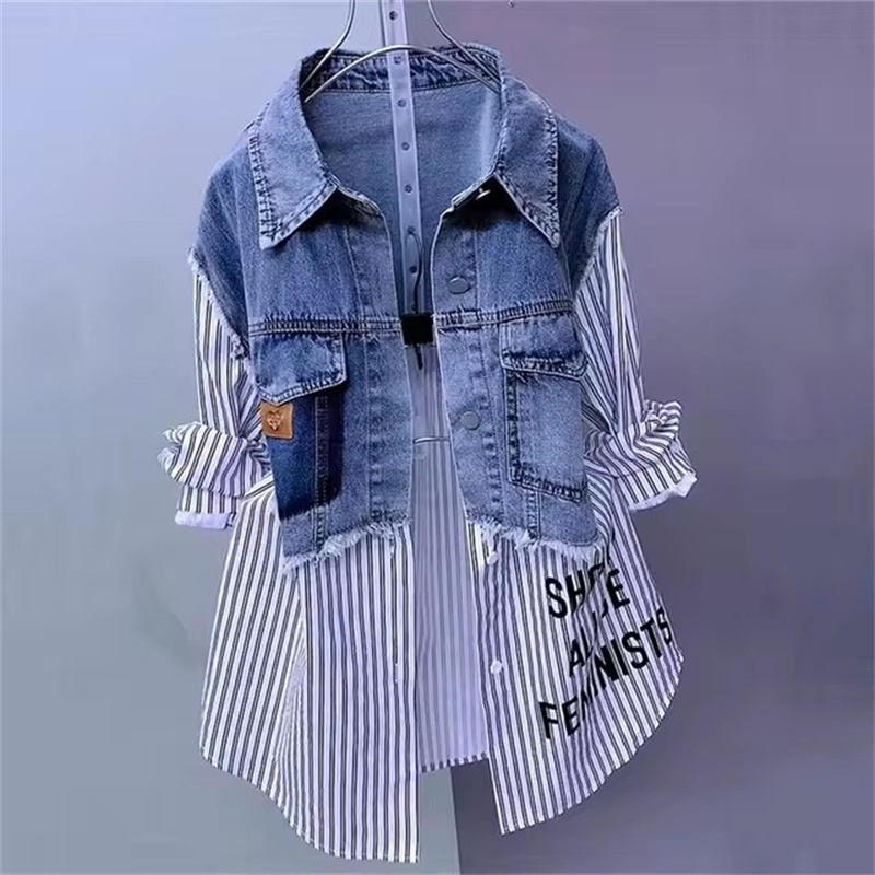 Sewing Jackets - 韓国ストライプデニムジャケット,女性用,気質コート,センシングステッチ,シャツ,春夏ファッション,新しいコレクション2022