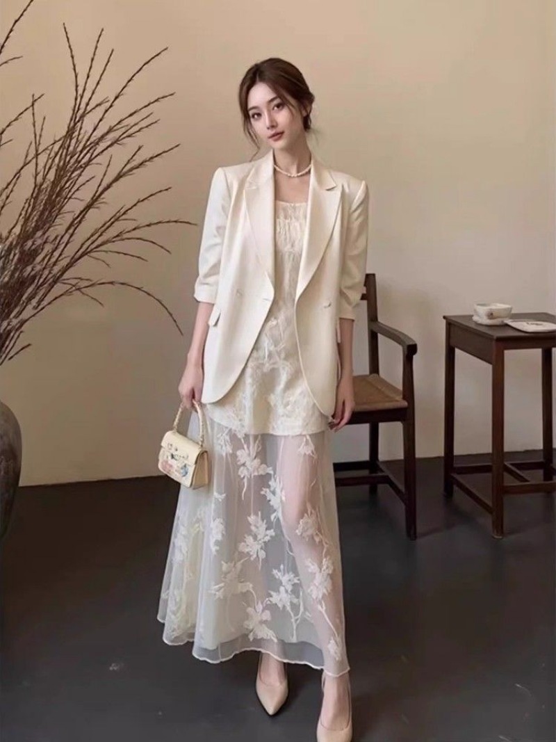 Sewing Jackets - 新作ハイエンド秋ワンピースセット レディース 韓国ファッション エレガント スリム 長袖ジャケット＋レースパッチワークスリングドレス