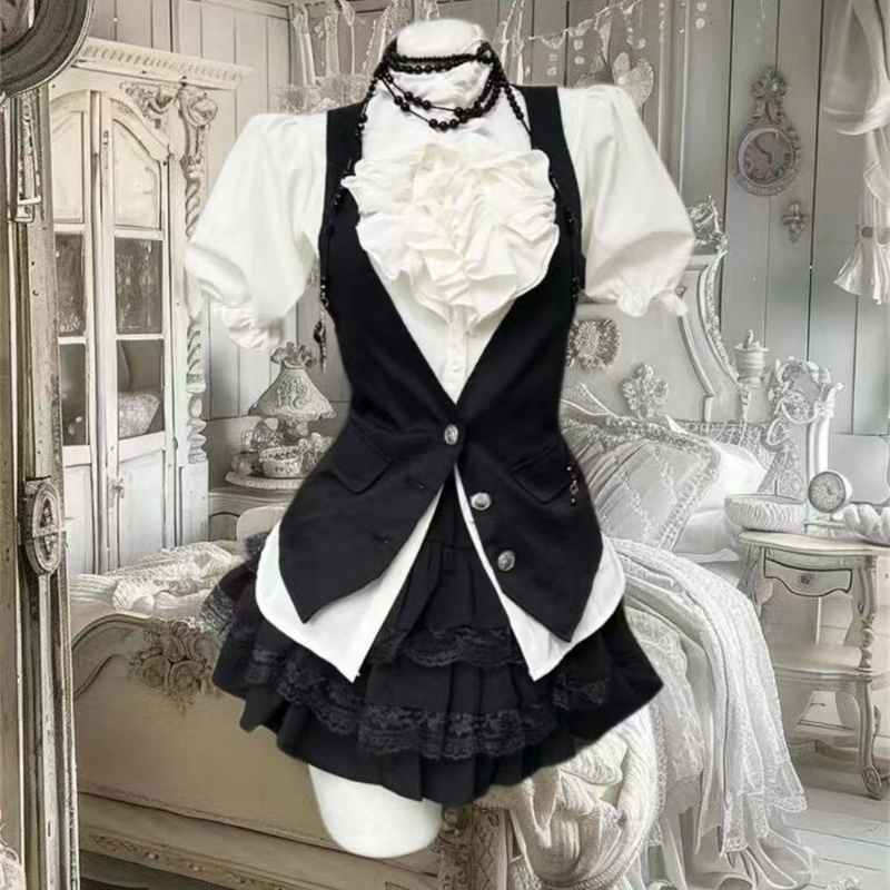 Y2k 美的ロリータスタイル甘い 3 点セット女性フリルパフ - Sewing Vest のレビューと価格