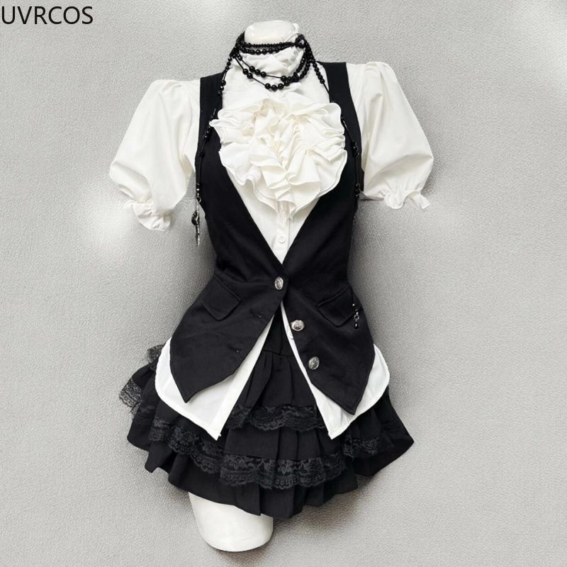 Y2k 美的ロリータスタイル甘い 3 点セット女性フリルパフ - Sewing Vest のレビューと価格