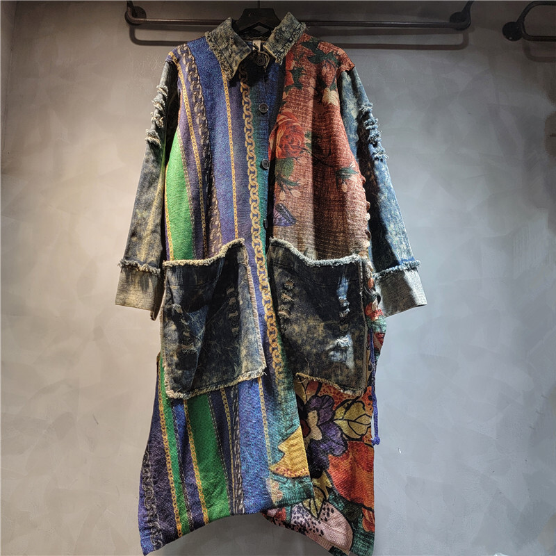 WTHT-女性用ストライプデニムロングコート,シングルブレス - Sewing Jackets のレビューと価格