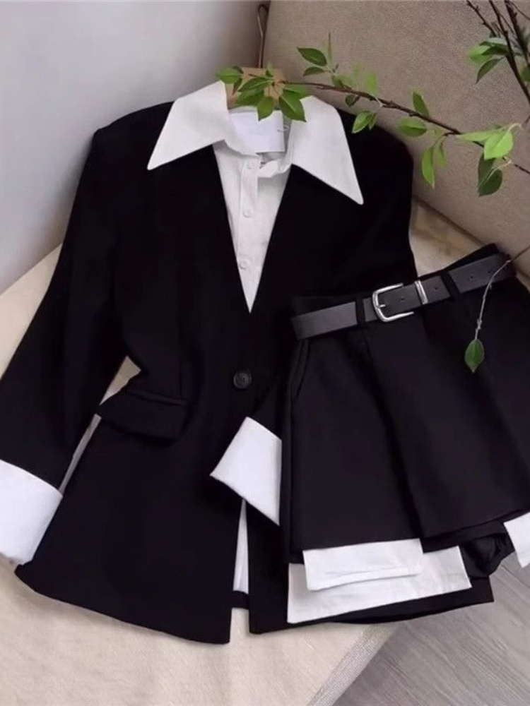 女性ツーピーススカートセットパッチワークブレザーボタン長袖ジ - Sewing Jackets のレビューと価格