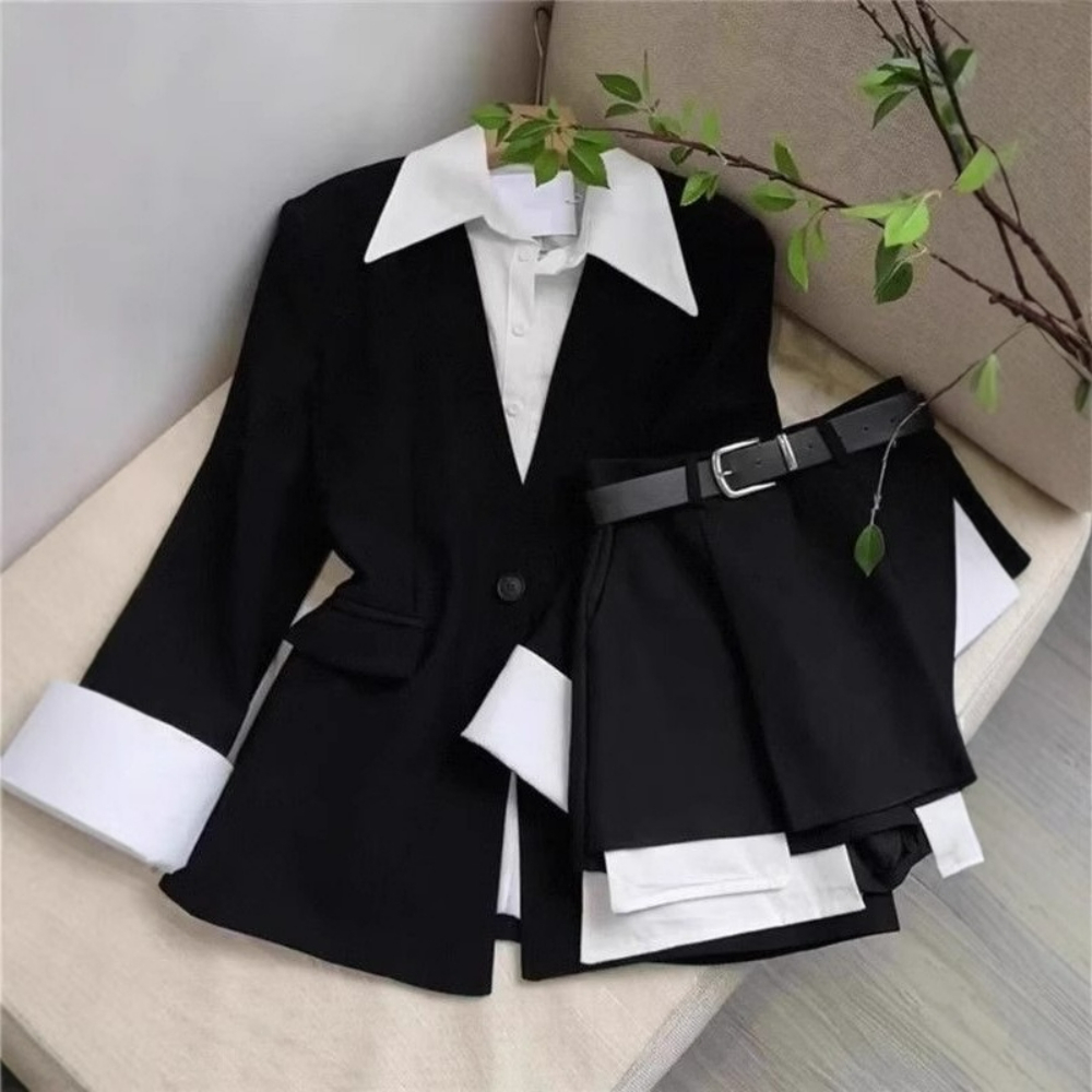 女性ツーピーススカートセットパッチワークブレザーボタン長袖ジ - Sewing Jackets のレビューと価格