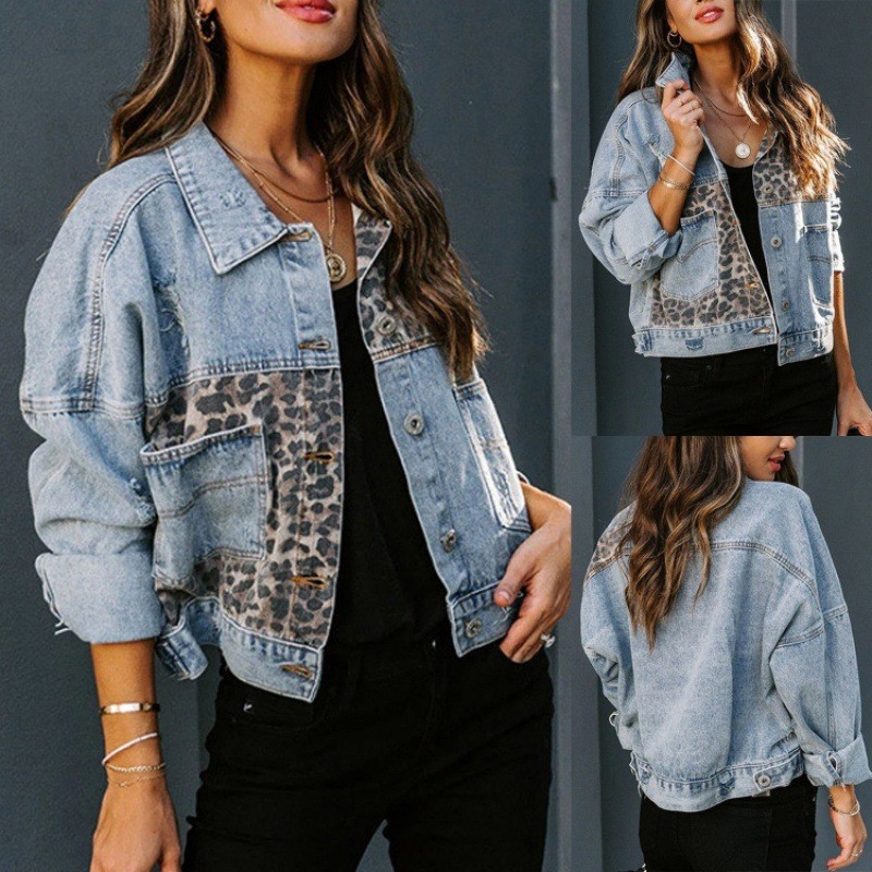 ヒョウステッチデニムジャケット女性コートファッション女性アウ - Sewing Jackets のレビューと価格
