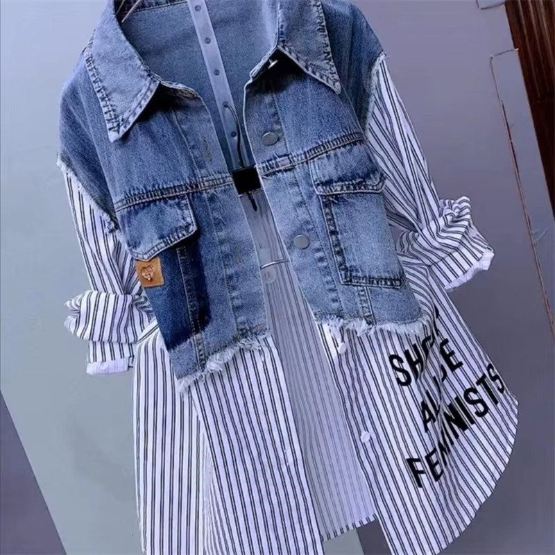 韓国ストライプデニムジャケット,女性用,気質コート,センシン - Sewing Jackets のレビューと価格